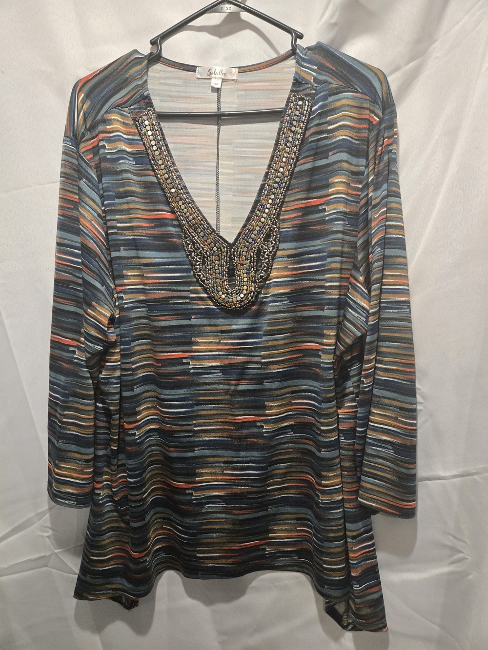 Soleillee Multicolor Striped Beaded V-Neck Blouse — Navy Multi
